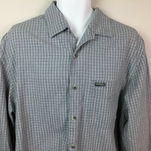 Guess Jeans Mens Long-Sleeve Plaid Button-Up Gray Cotton Size Medium - Picture 1 of 8
